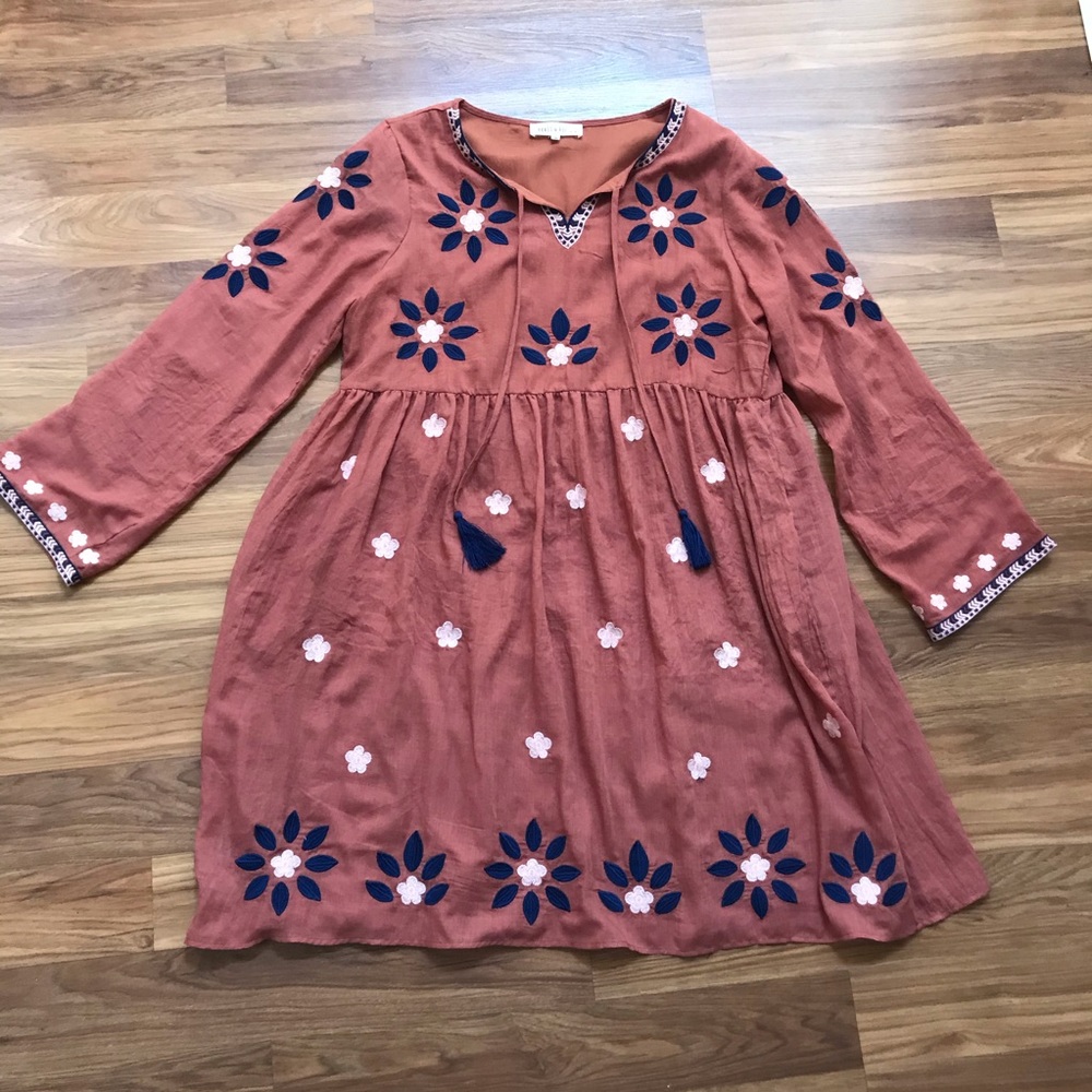 Boho Embroidered Floral Bell Sleeve Tassel Dress